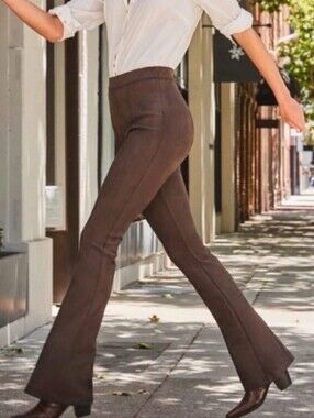 Spanx Faux Suede Flare Pintuck Pull On Pants in Chocolate Brown Small NWOT